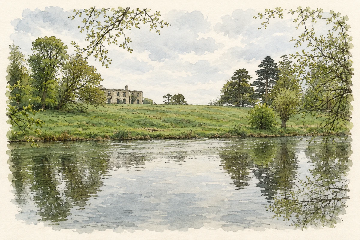 Watercolour and fine ink illustration of River Boyne and Blackcastle House remains, near Blackcastle.