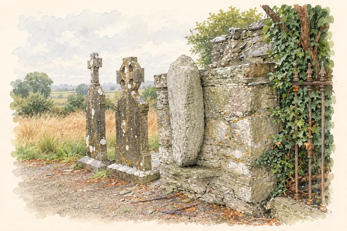Watercolour and fine ink illustration of Ogham stone at Castlekeeran, near Carnaross.