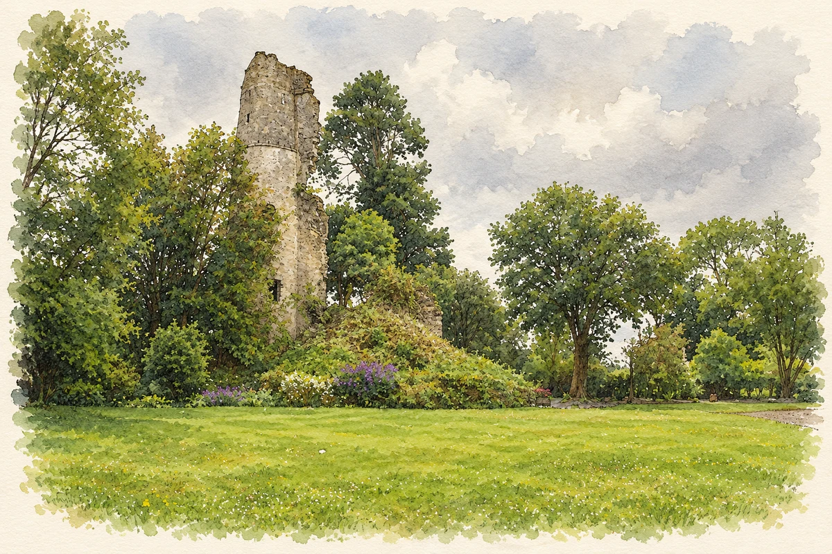 Watercolour and fine ink illustration of Castle Jordan ruin, Castlejordan, County Meath.