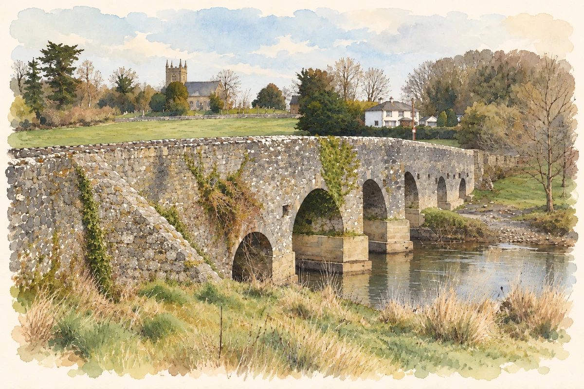 Watercolour and fine ink illustration of Donaghpatrick Bridge, County Meath.