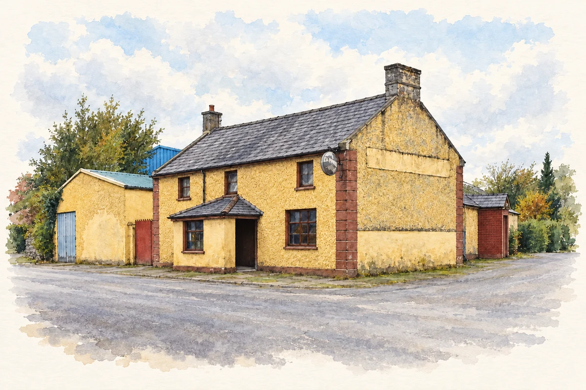 Watercolour and fine ink illustration of Former bar at Drumone, as photographed in2024.