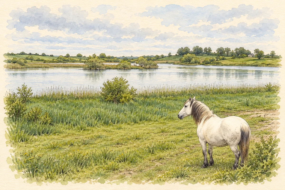 Watercolour and fine ink illustration of Cootehall Lough on the Boyle River, near Cootehall.