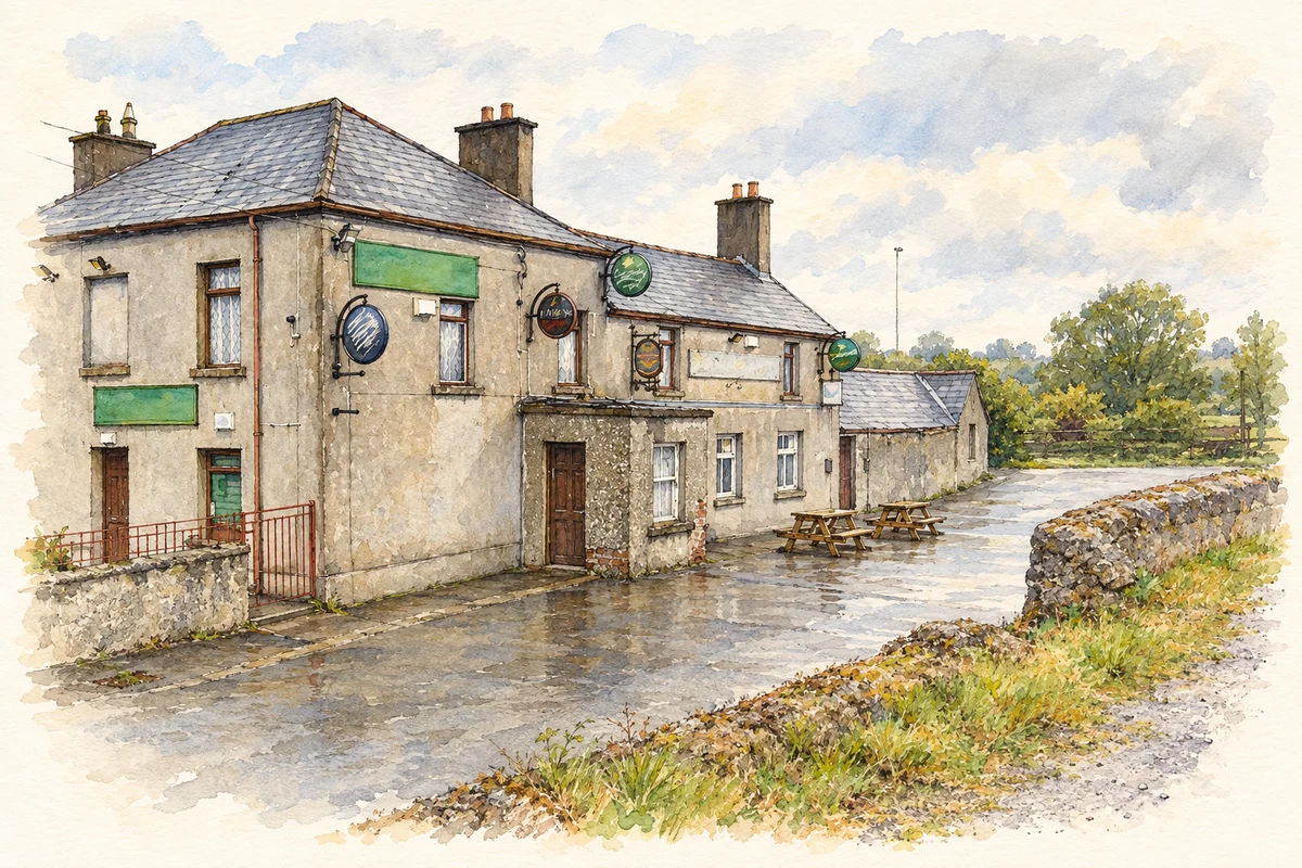Watercolour and fine ink illustration of Gilsenan’s pub and post office, Drumree, as photographed in2007.