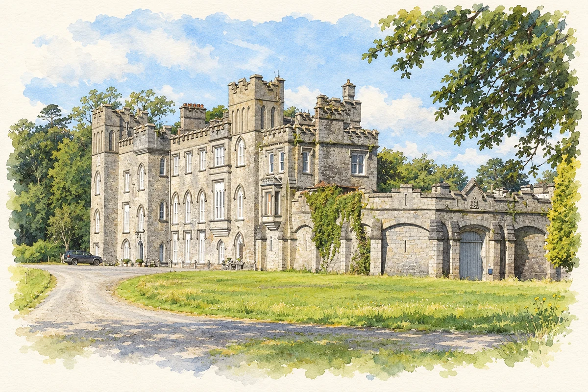 Watercolour and fine ink illustration of Dunsany Castle, as photographed in 2011.
