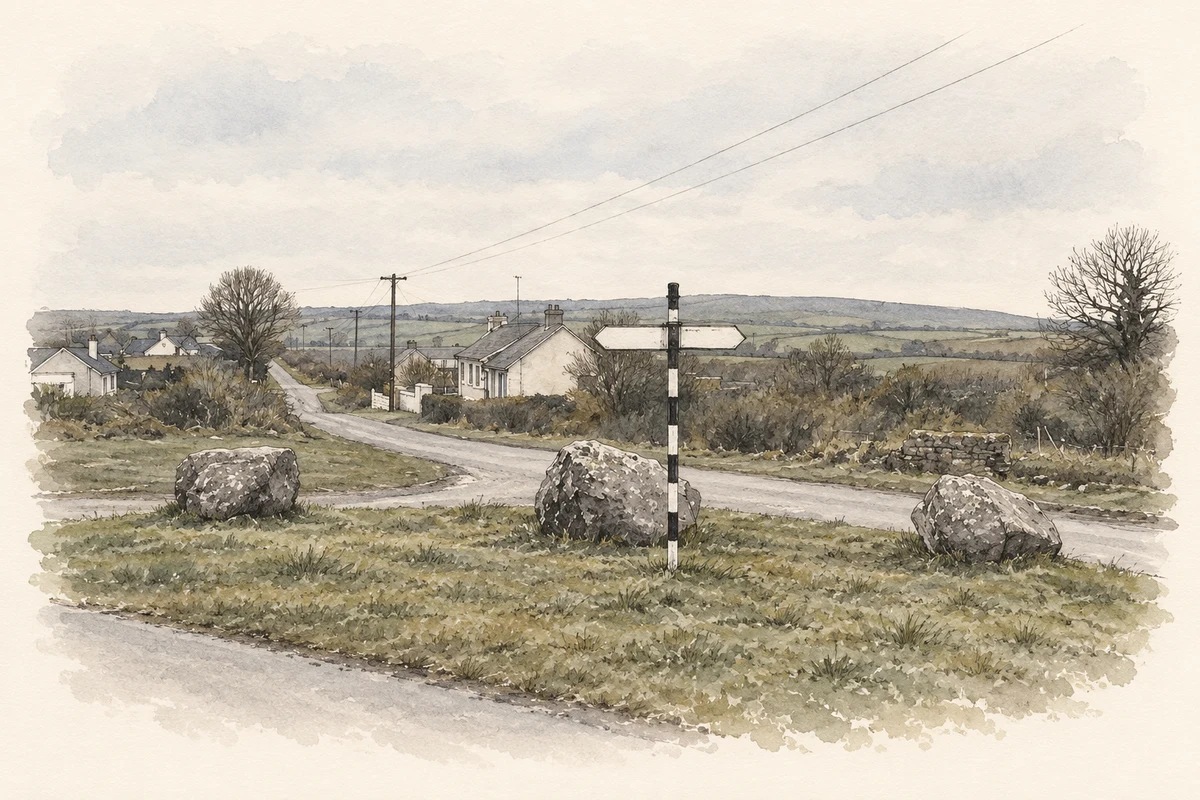 Watercolour and fine ink illustration of The Jack Stones near Greenanstown, in 1976.