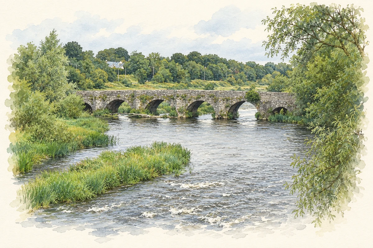 Watercolour and fine ink illustration of Old Kilcarn Bridge over the Boyne, as photographed in 2007.