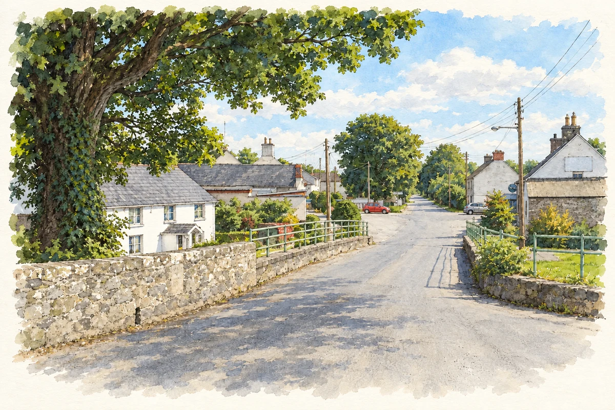 Watercolour and fine ink illustration of Kilmainhamwood village from the river bridge, as photographed in 2005.