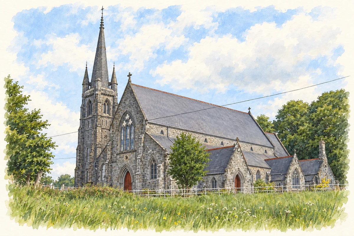 Watercolour and fine ink illustration of Kilskyre Church near Kilskeer, as photographed in 2010.
