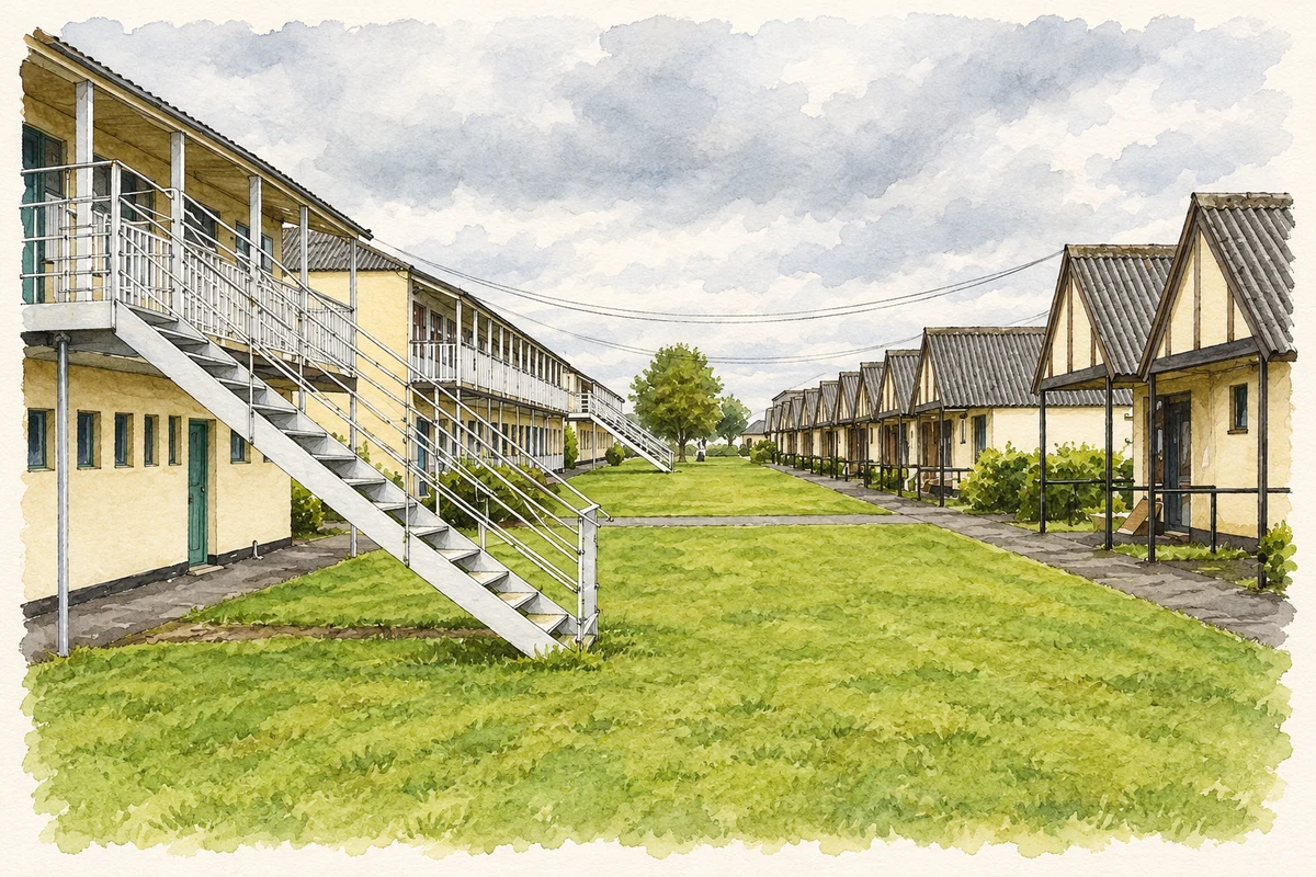 Watercolour and fine ink illustration of Buildings of the former holiday camp at Mosney, as photographed in August 2006.