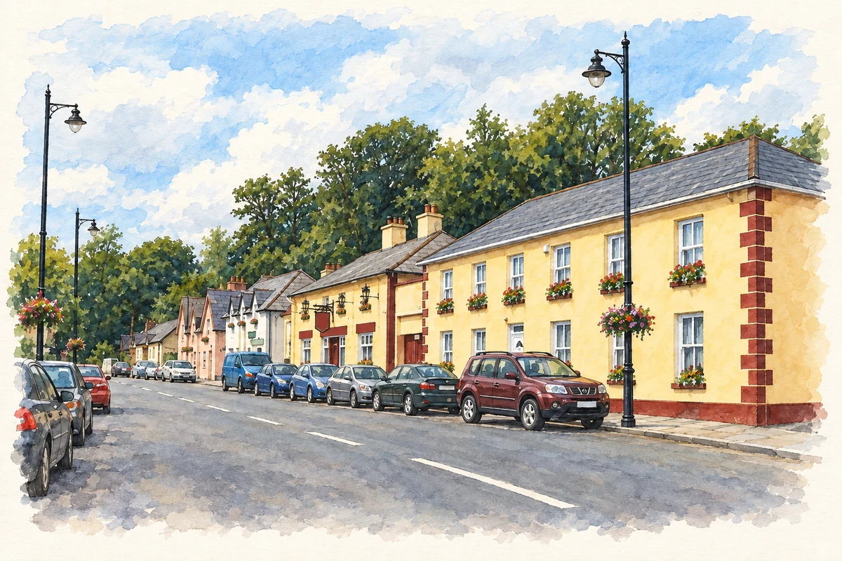 Watercolour and fine ink illustration of Main Street, Moynalty, as photographed in June 2011.