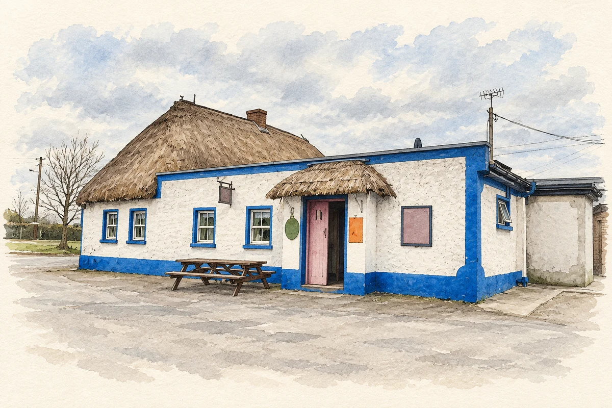Watercolour and fine ink illustration of The thatched pub at Rathcore, County Meath, as photographed in March 2013.