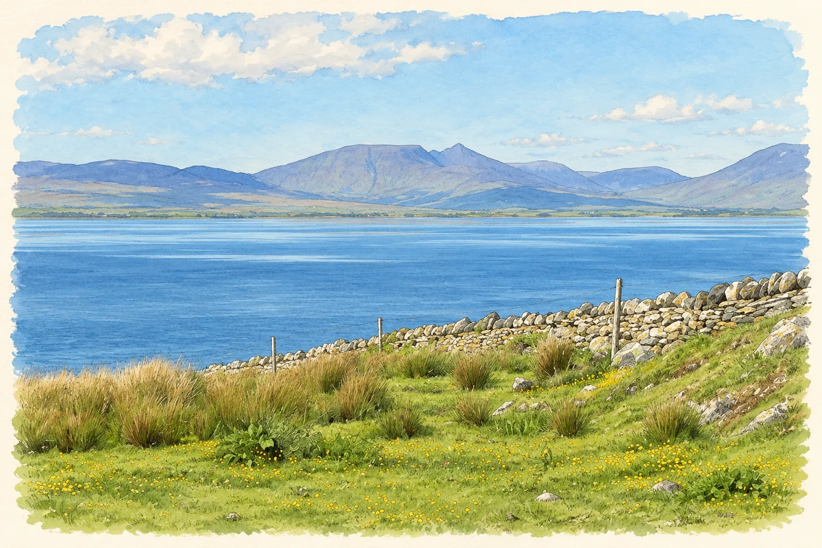 Watercolour and fine ink illustration of Clew Bay from coastal pasture at Kilsallagh, County Mayo, as photographed in 2016.