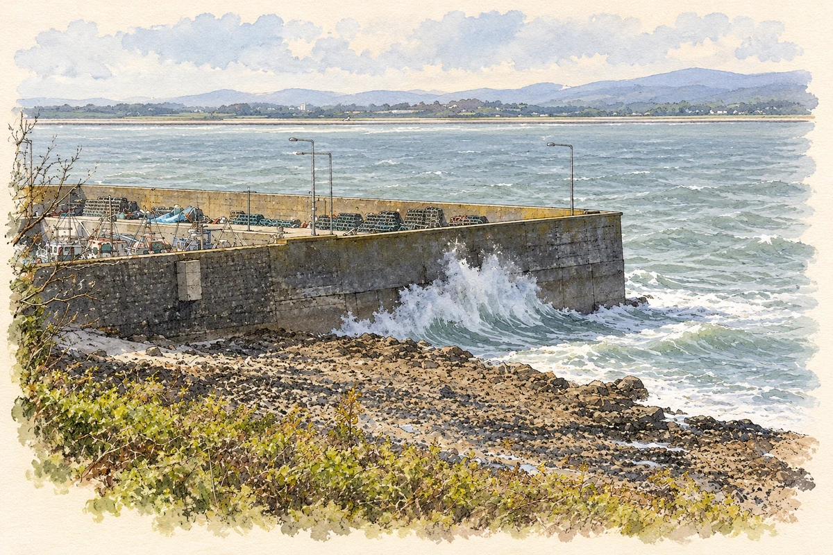 Watercolour and fine ink illustration of Helvick New Pier at Heilbhic, near Ceann an Bhathla.