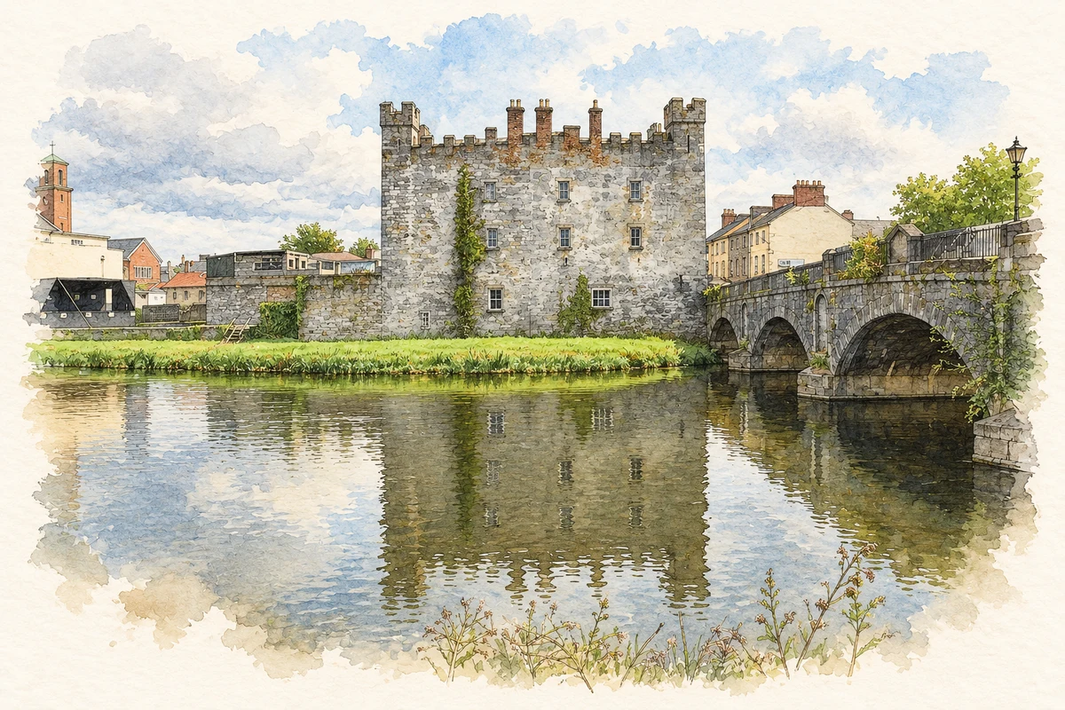 Watercolour and fine ink illustration of White's Castle and Cromaboo Bridge, Athy, County Kildare in Athy.