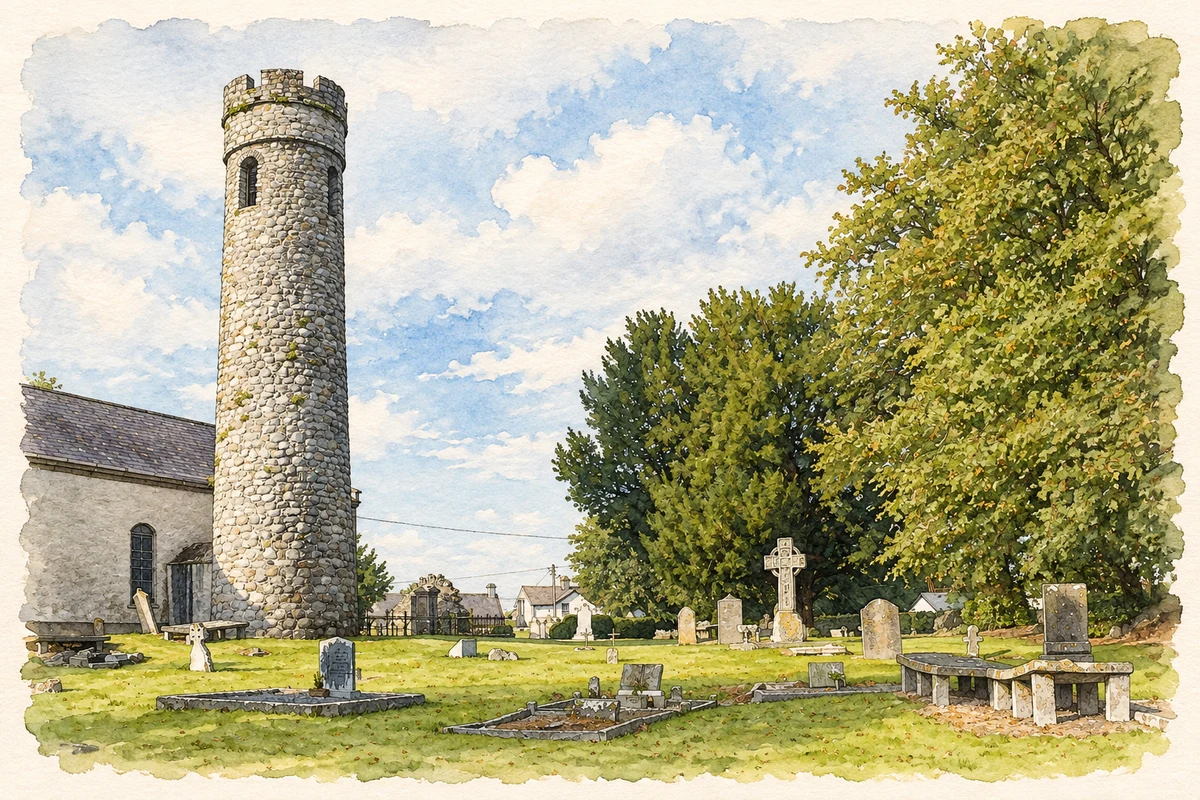Watercolour and fine ink illustration of Castledermot Round Tower and North Cross.