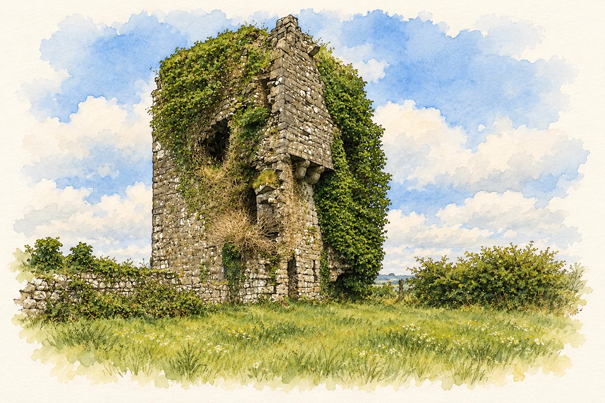 Watercolour and fine ink illustration of Mellisson Castle, near Ballysloe, County Tipperary.