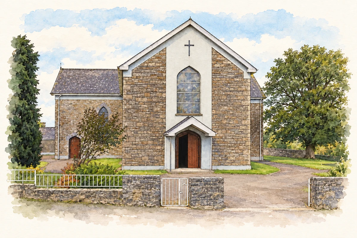Watercolour and fine ink illustration of Holy Spirit Church, Youghalarra near Newtown.