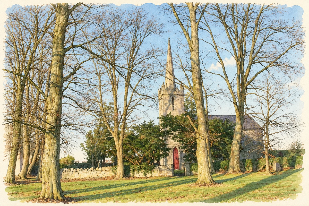 Watercolour and fine ink illustration of Kilberry Church, County Kildare.