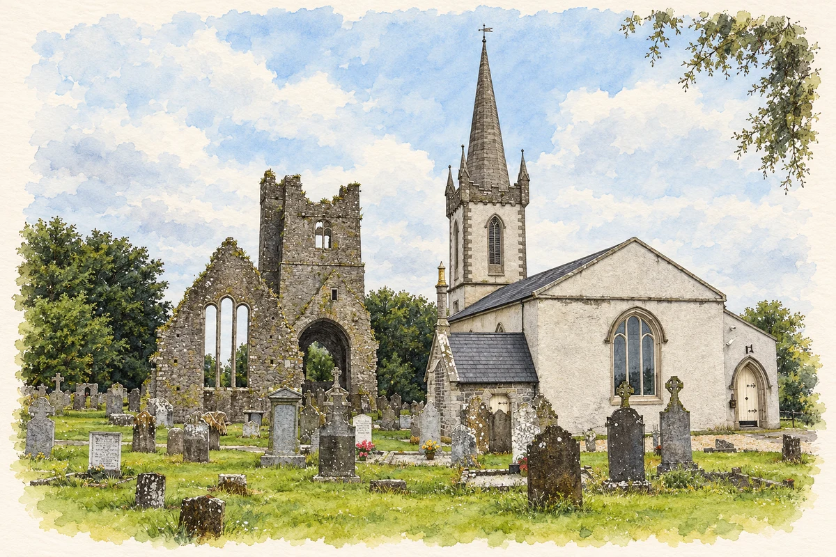 Watercolour and fine ink illustration of Former St Cianan's Church and St Mary's Abbey, Duleek.
