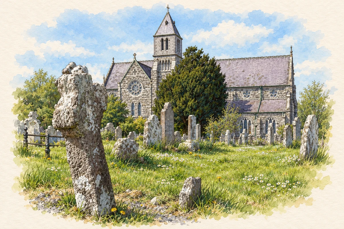 Watercolour and fine ink illustration of St Ailbe’s Cross and Church, Emly in Emly.