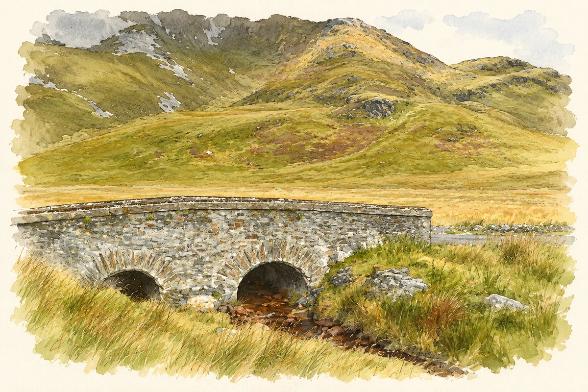 Watercolour and fine ink illustration of Bridge of Tears, near Falcarragh.