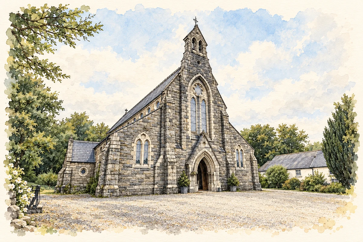 Watercolour and fine ink illustration of Church of Saint Laurence O'Toole, Roundwood.