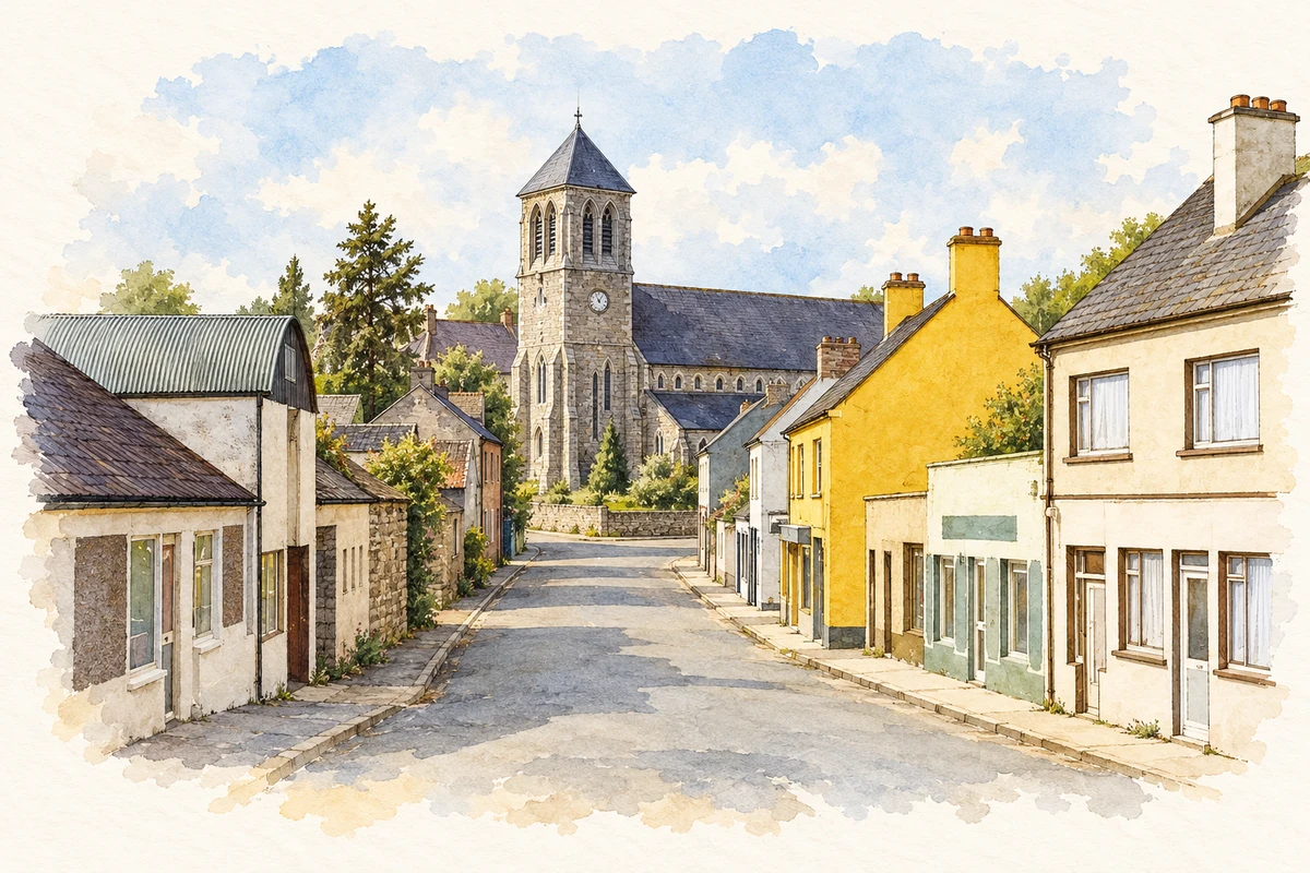 Watercolour and fine ink illustration of Saint Coca's Church viewed from New Lane, Kilcock, County Kildare in Kilcock.