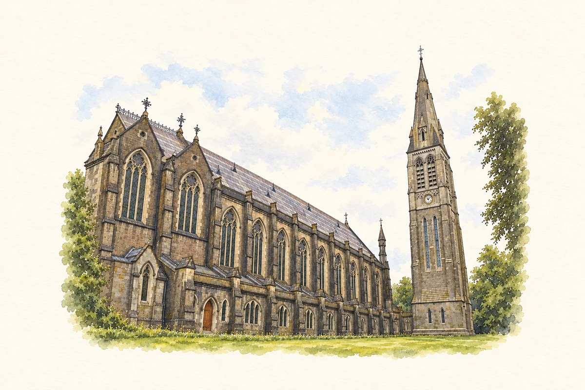 Watercolour and fine ink illustration of Saint Patrick’s College Chapel, Maynooth in Maynooth, showing its complete visible architectural silhouette.