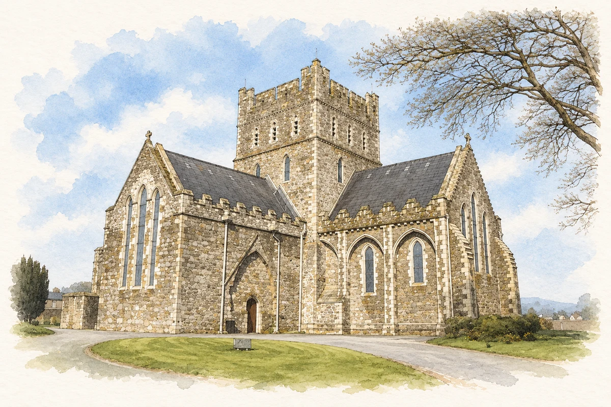 Watercolour and fine ink illustration of St Brigid's Cathedral, Kildare, County Kildare in Kildare.