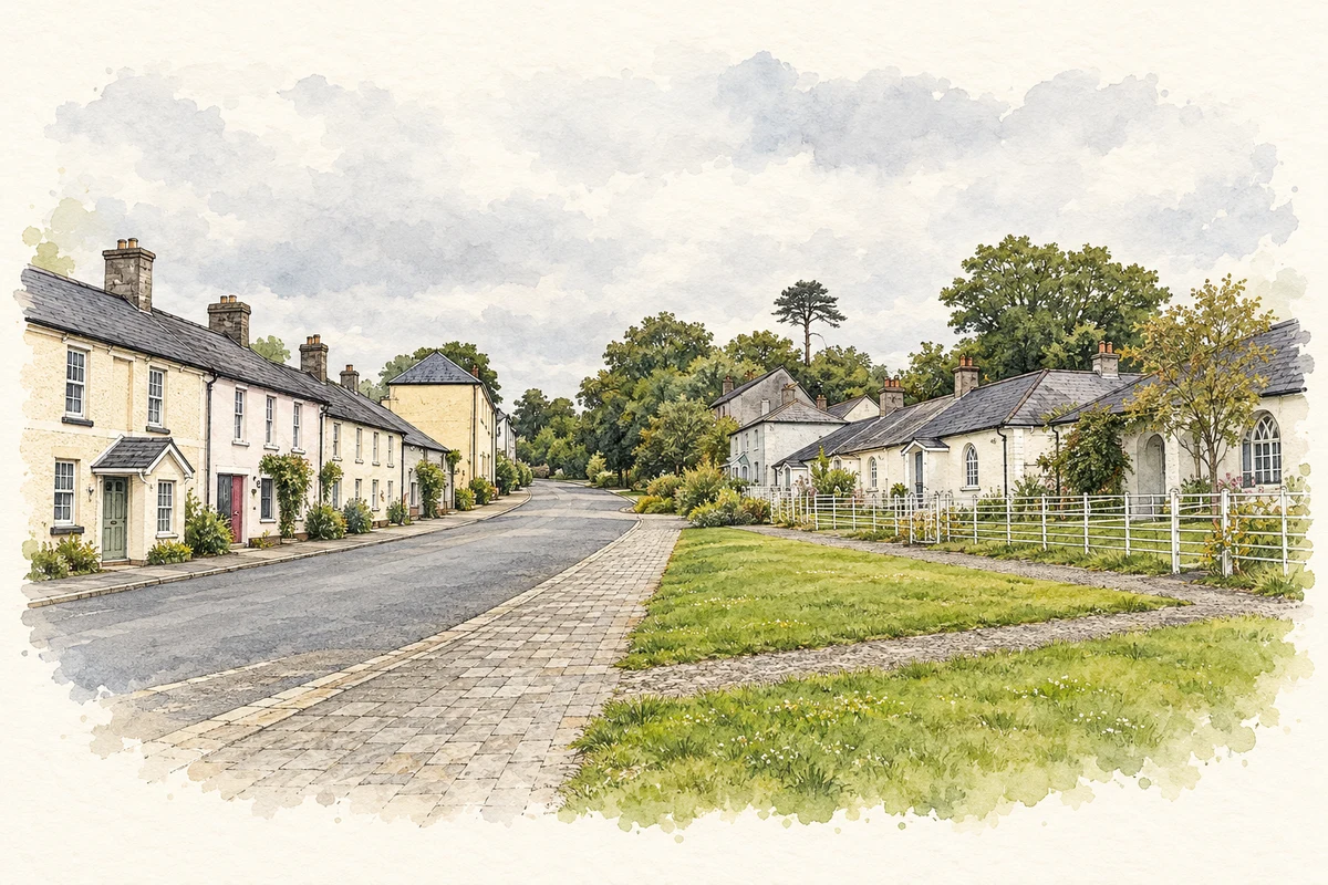 Watercolour and fine ink illustration of Johnstown cottages and Main Street, County Kildare.