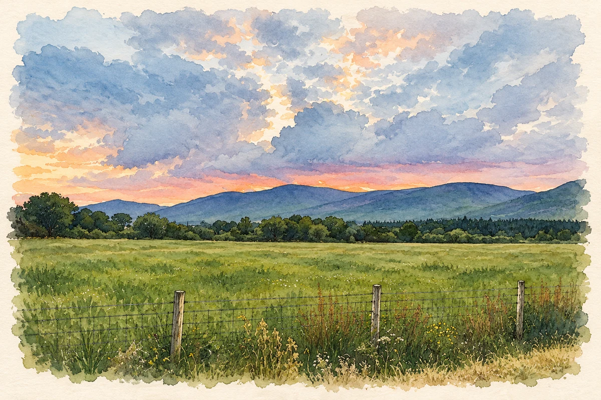 Watercolour and fine ink illustration of Countryside near Milltown, County Kerry.
