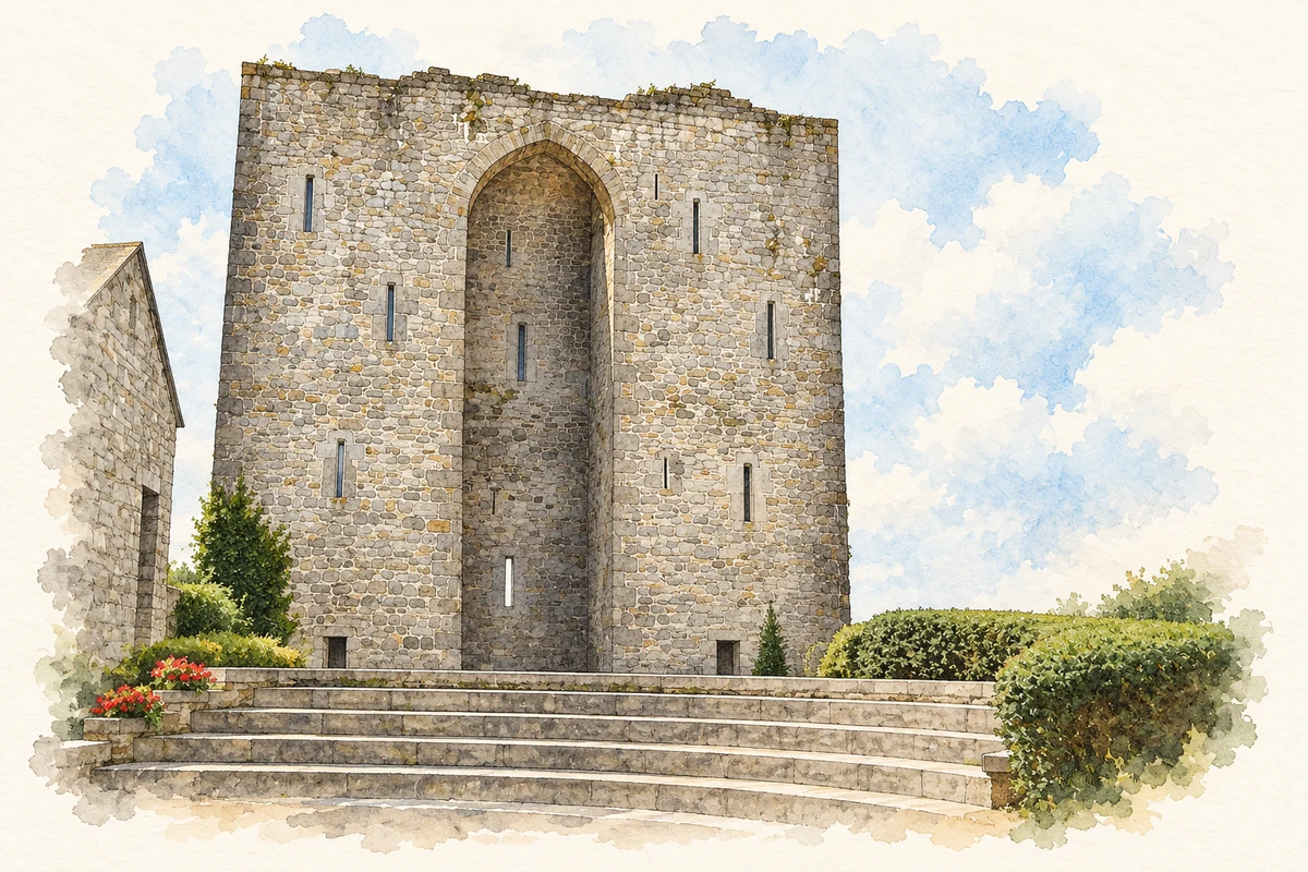 Watercolour and fine ink illustration of Conserved surviving towers and linking arch, Listowel Castle, County Kerry in Listowel.