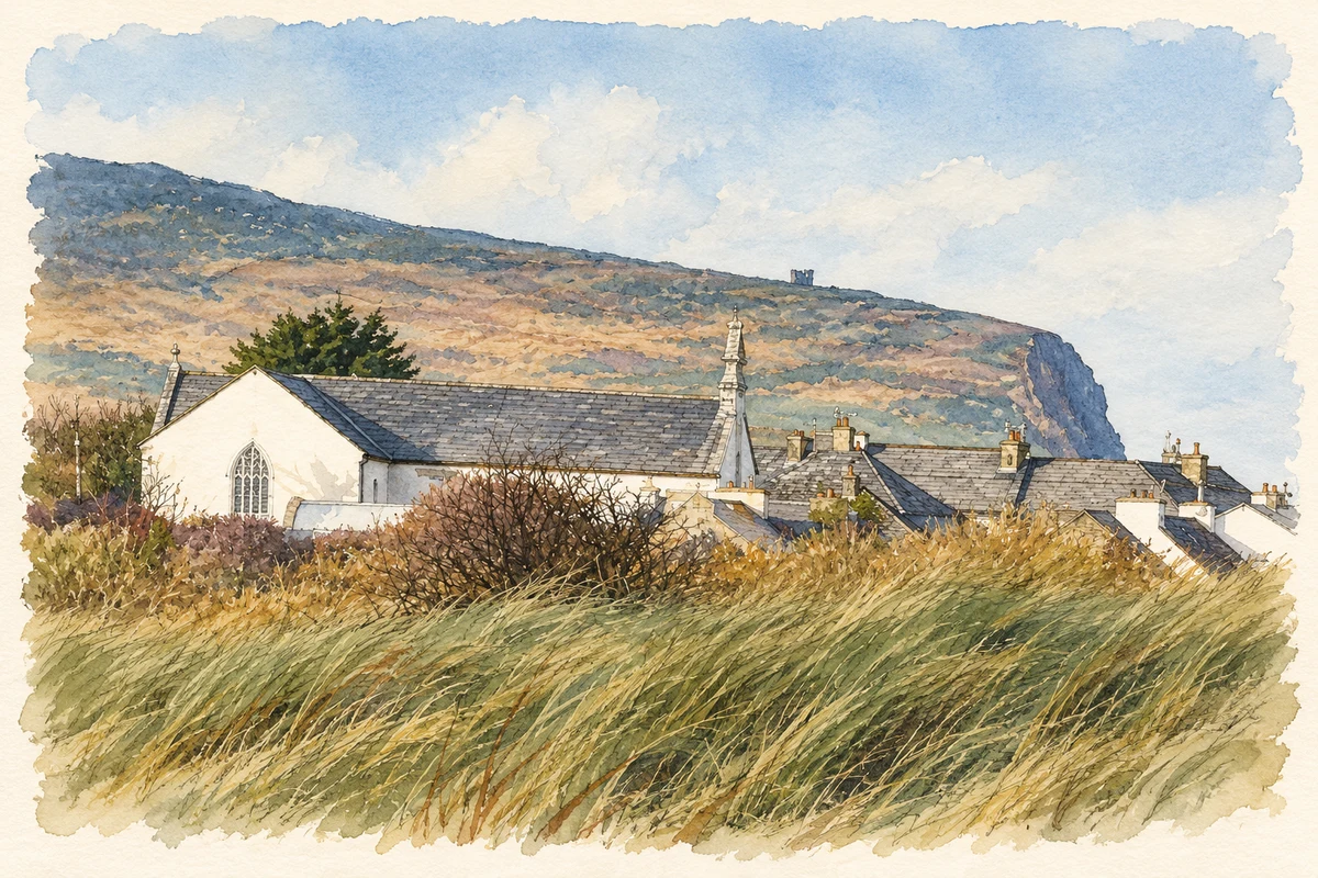 Watercolour and fine ink illustration of St Mary Church and Brandon Point from Castlegregory.