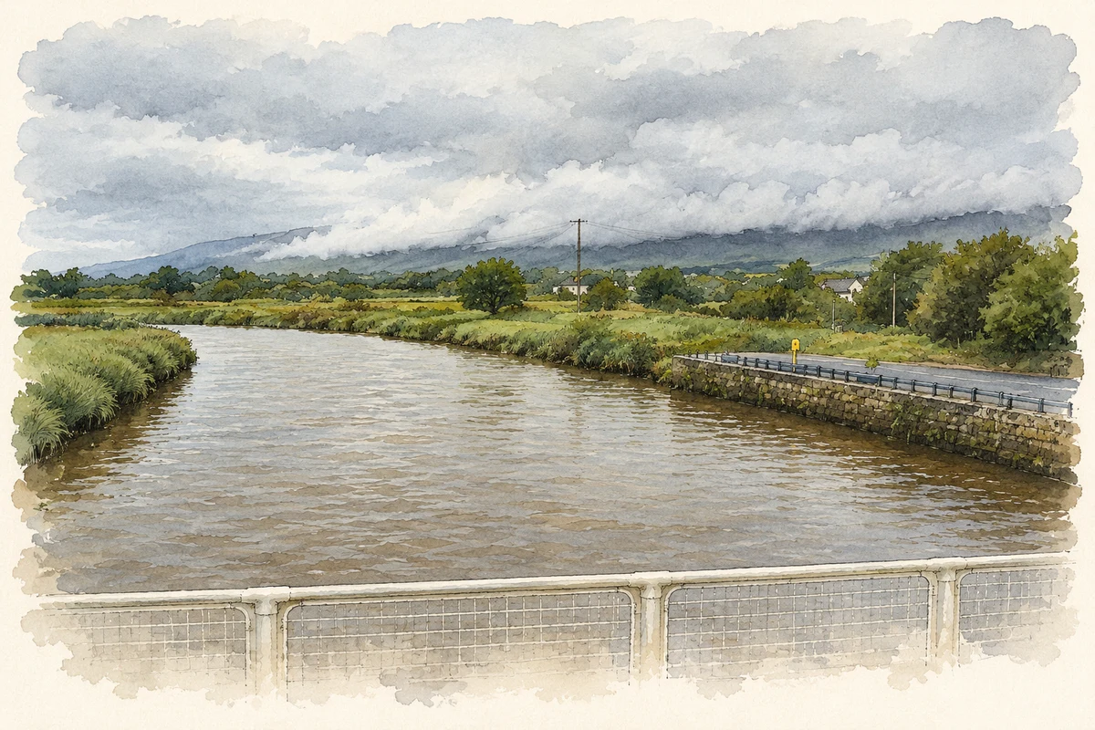 Watercolour and fine ink illustration of River Maine from Castlemaine Bridge.