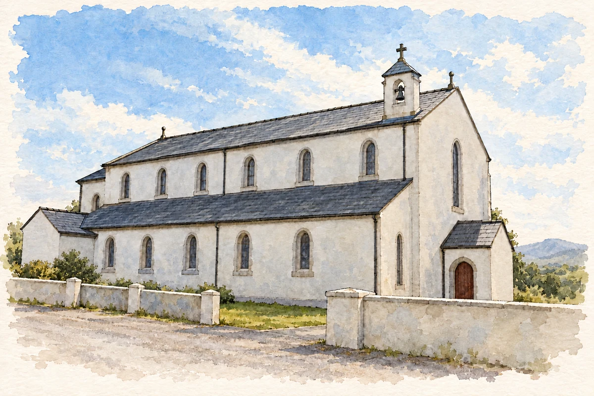 Watercolour and fine ink illustration of Church of the Holy Rosary, Gneevgullia.