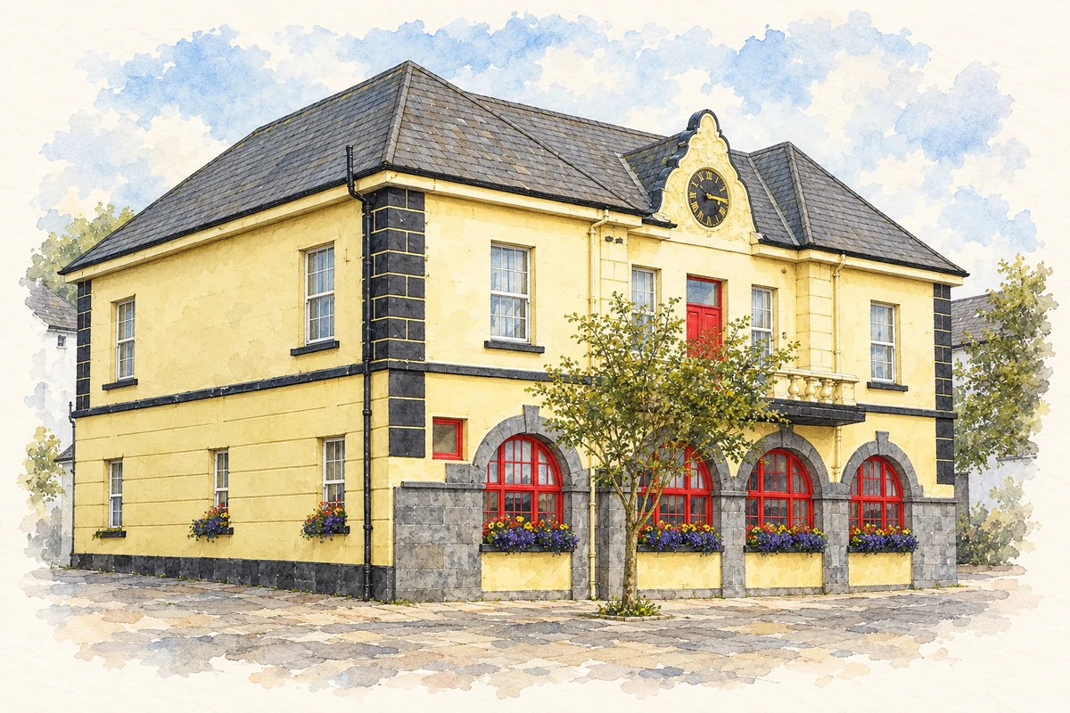 Watercolour and fine ink illustration of Kilrush Town Hall, County Clare in Kilrush.