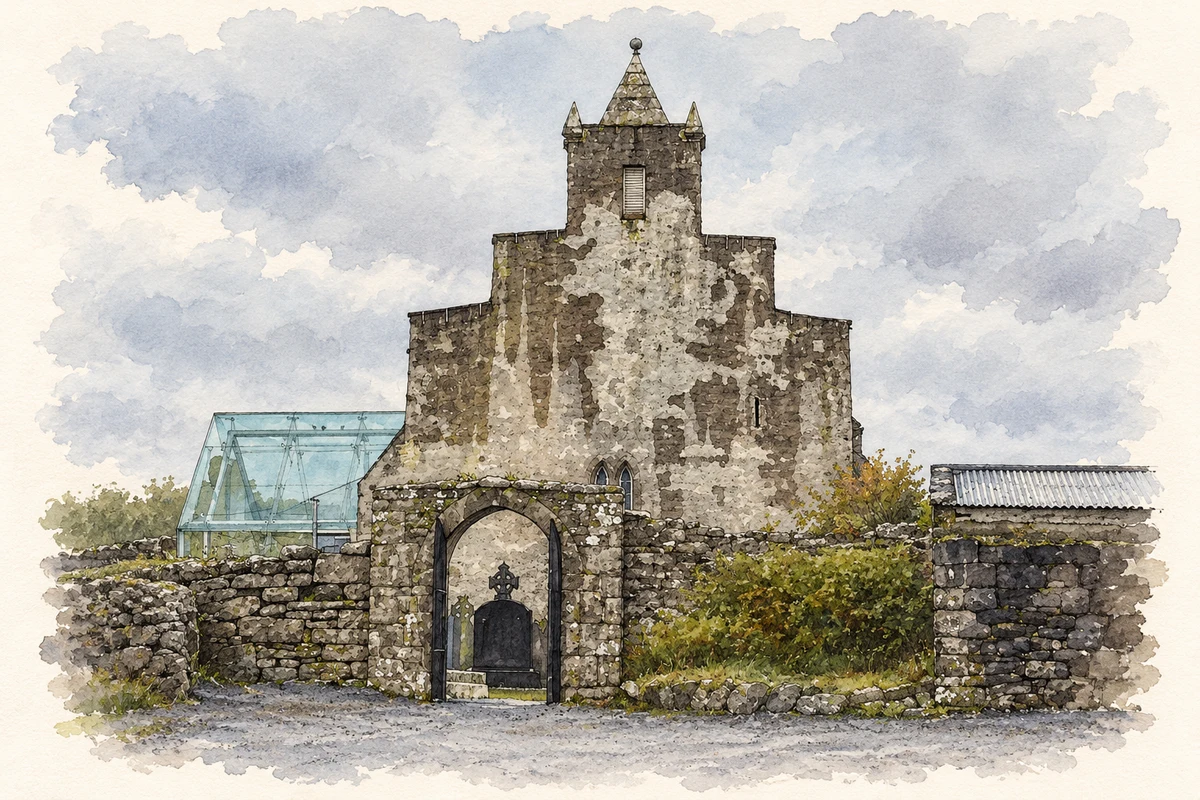 Watercolour and fine ink illustration of Saint Fachtnan's Cathedral west gable, Kilfenora.