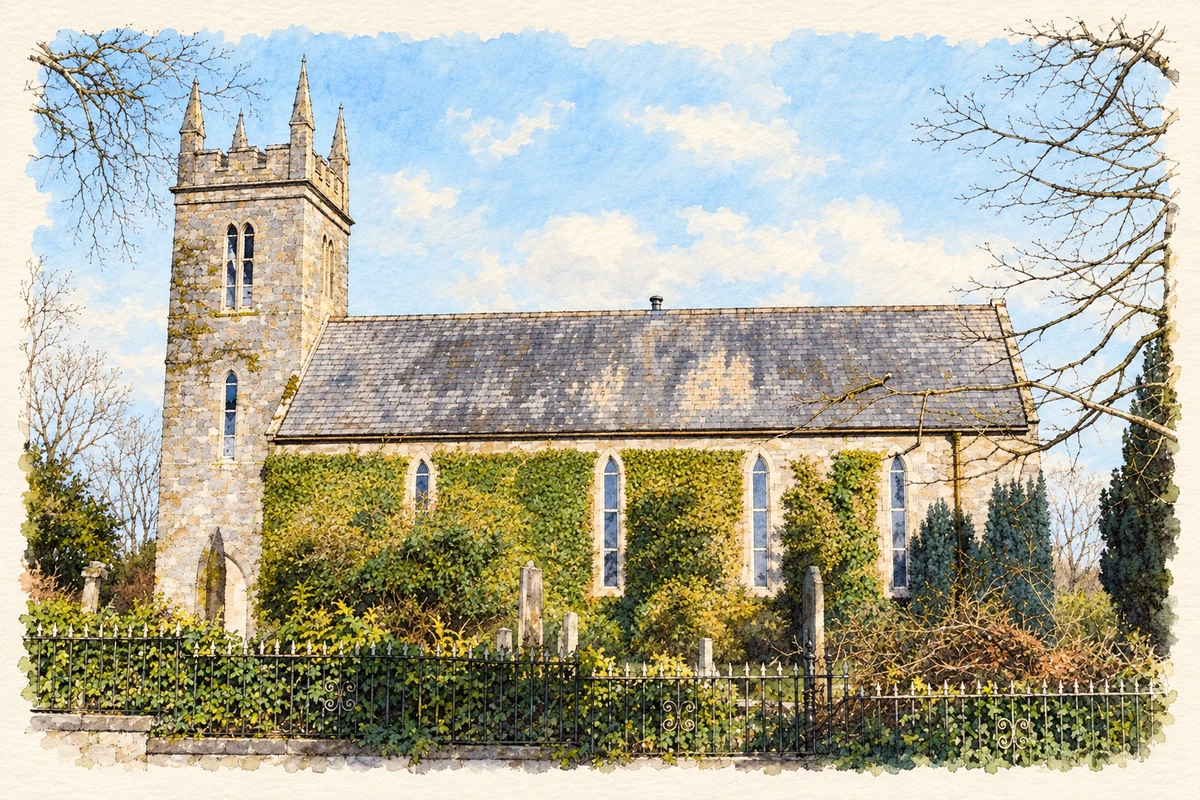 Watercolour and fine ink illustration of St Caimin's Church of Ireland, Mountshannon.