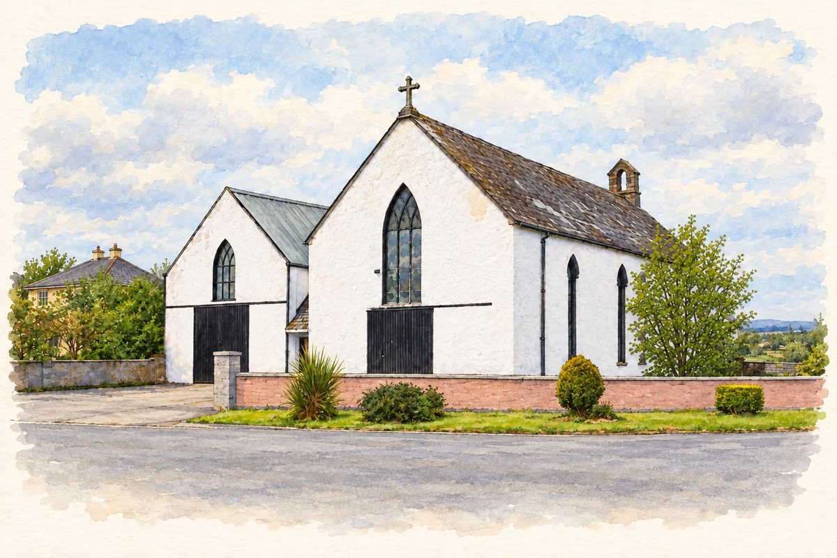 Watercolour and fine ink illustration of Former Catholic church, Whitegate.