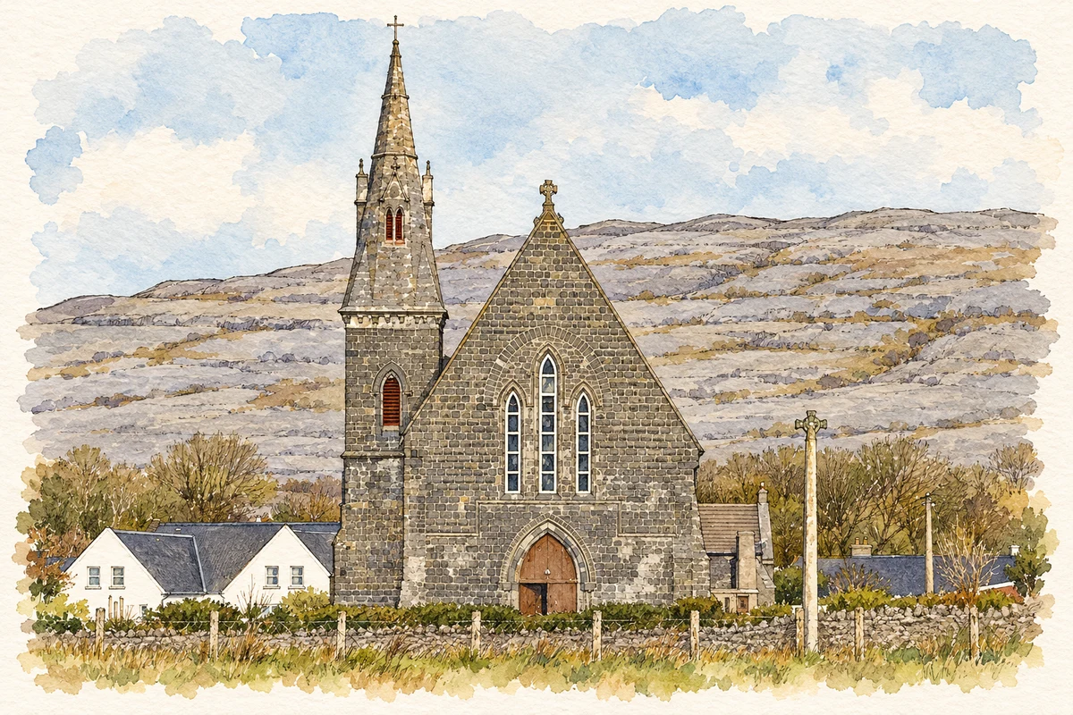 Watercolour and fine ink illustration of St John the Baptist's Church, Ballyvaughan.