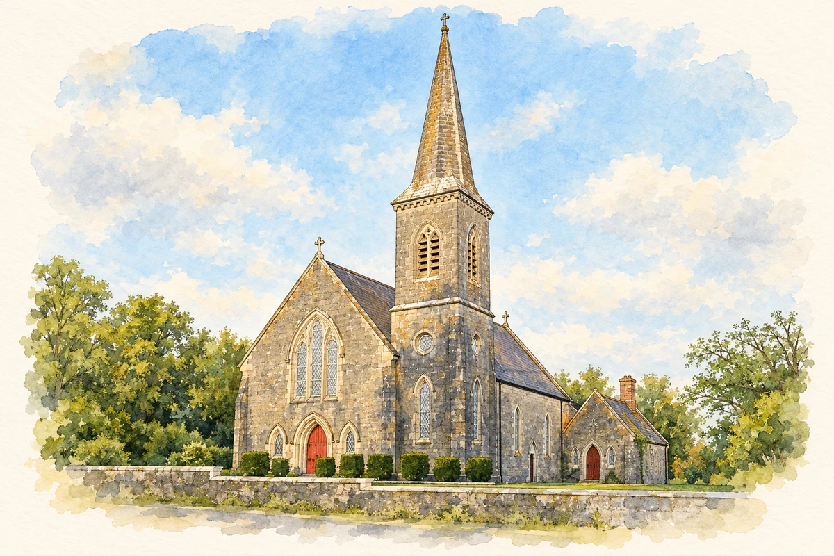 Watercolour and fine ink illustration of St Senan's Catholic Church, Clonlara.