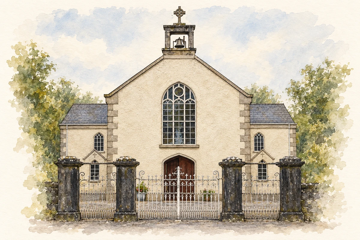 Watercolour and fine ink illustration of St Cronan's Church, Crusheen, County Clare.
