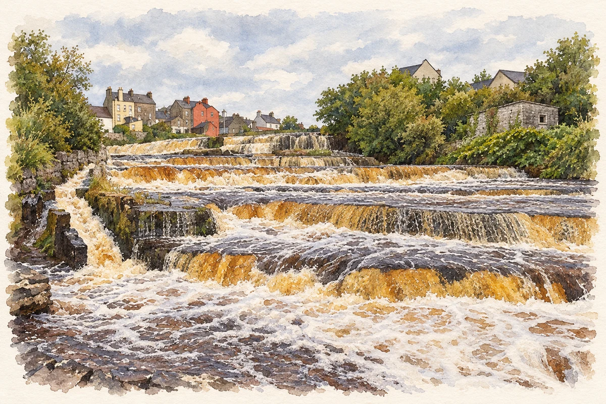 Watercolour and fine ink illustration of The Cascades on the River Inagh, Ennistimon.
