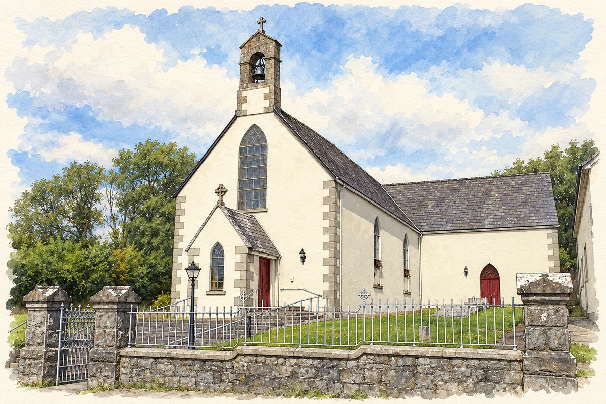 Watercolour and fine ink illustration of St Mary's Church, Feakle.