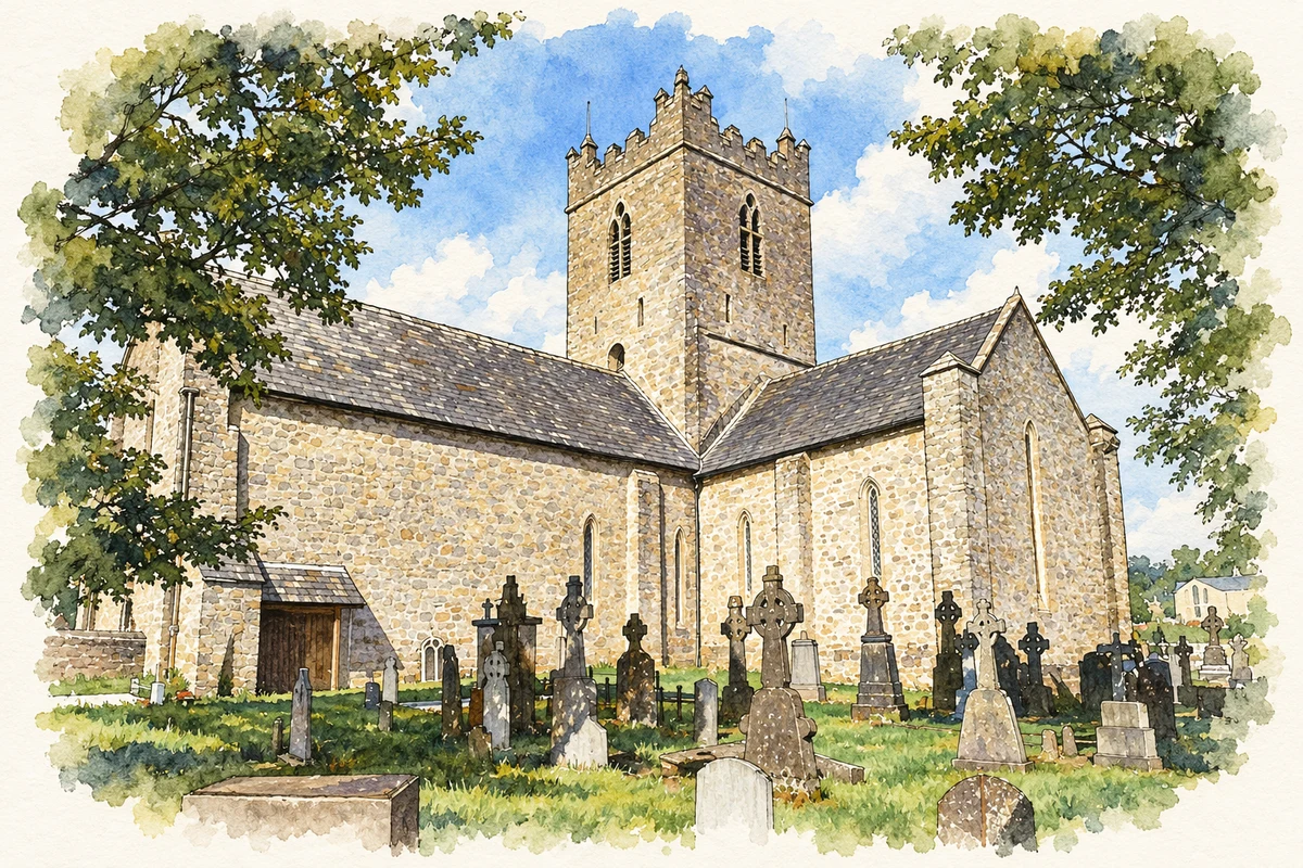 Watercolour and fine ink illustration of St Flannan's Cathedral, Killaloe.