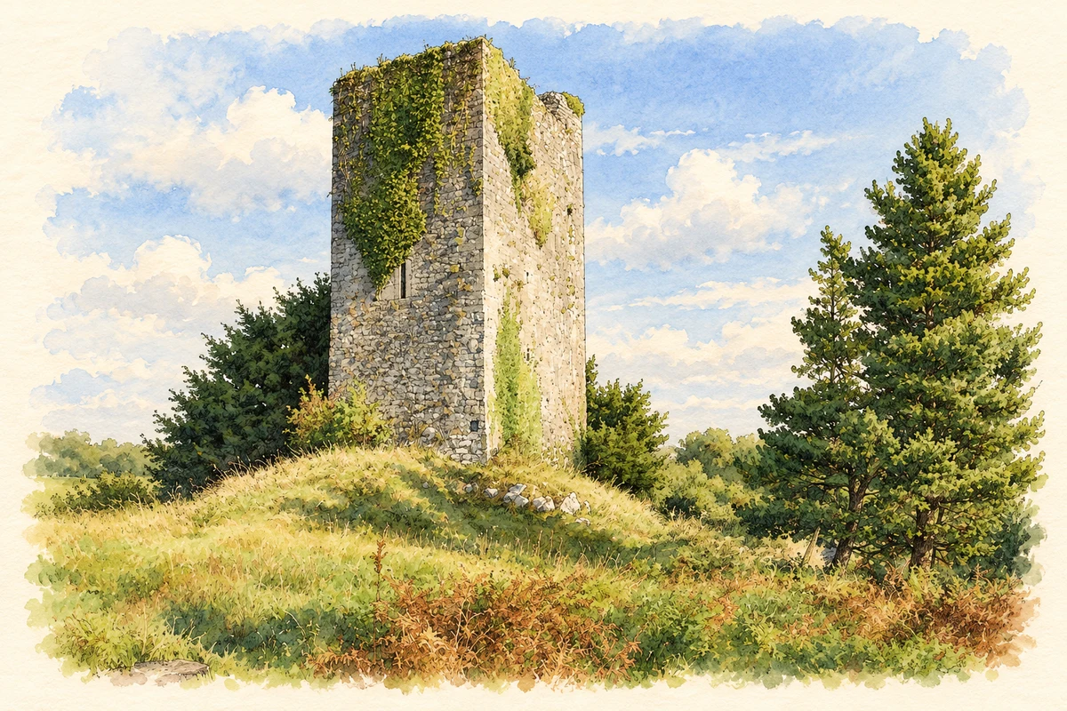 Watercolour and fine ink illustration of Mountcashel Castle near Kilmurry, County Clare.