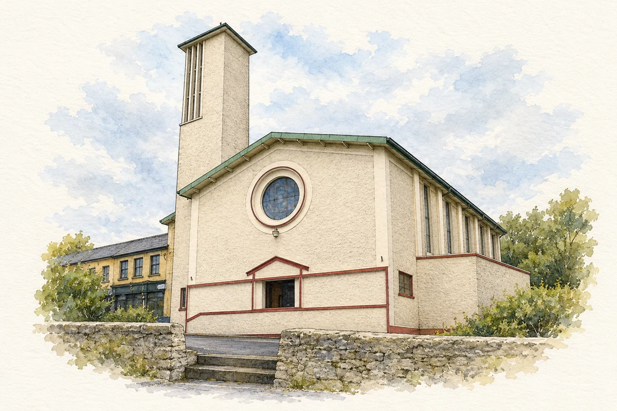 Watercolour and fine ink illustration of Catholic church, Lehinch, County Clare.