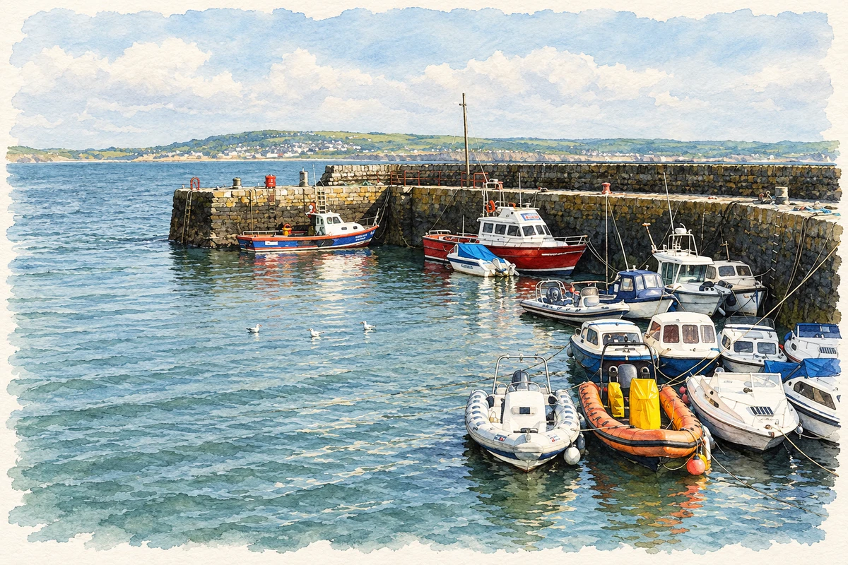 Watercolour and fine ink illustration of Liscannor Harbour.