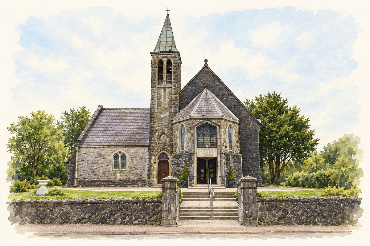 Watercolour and fine ink illustration of Corpus Christi Church, Lisdoonvarna.
