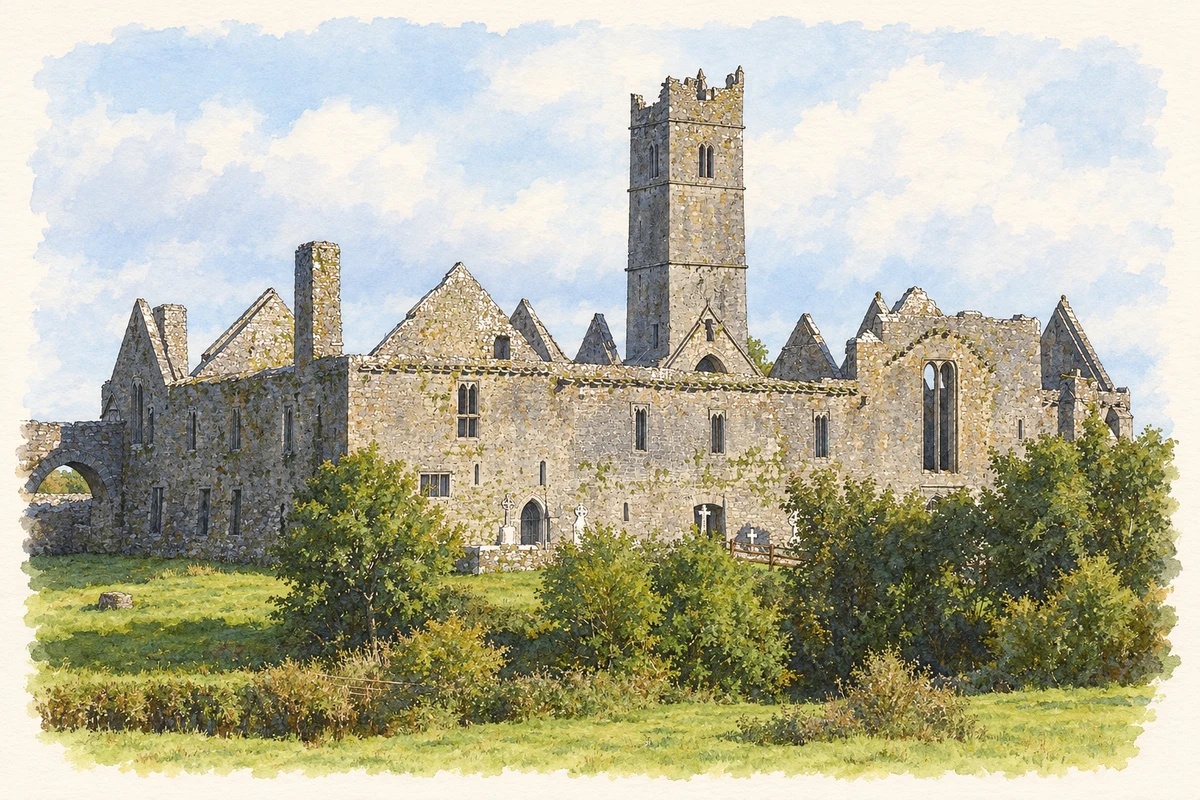 Watercolour and fine ink illustration of Quin Friary.